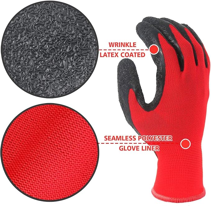 Evridwear Crinkle Latex Rubber Hand Coated Safety Work Gloves for Men Women General Multi Use Construction Warehouse Gardening Assembly Landscaping,Red Small 12 Pairs Pack