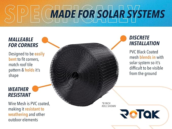 Rotak 8in X 100ft Solar Panel Bird Squirrel Critter Guard Roll Kit - 60 Fastener Clips - Used for Bird/Critter proofing Solar Panels - Removable Without Damage - PVC Coated Galvanized Steel roll…