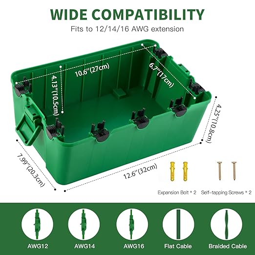 Large Outdoor Waterproof Electrical Box(12.9X 8.3 x 5.2 inch), IP54 Weatherproof Extension Cord Cover with 7 Cable Seal Entry, Protect Power Strip, Timer Outlet Plug, Holiday Light Decoration, Green