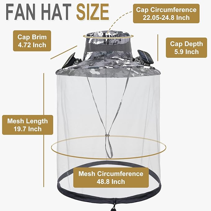 ayamaya Mosquito Net Hat with Fan Built-in, Wide Brim Solar Fan Hat with Netting, 3 Speeds Adjustable for Men Women Outdoor