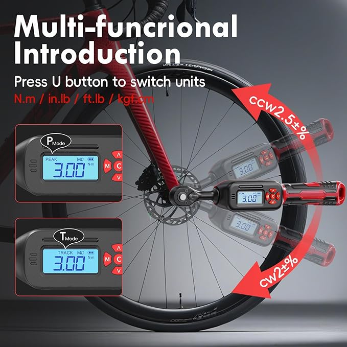 3/8" Digital Torque Wrench, 2-44 Ft.lb/3-60 N.m, ±2% Accuracy, LED Display, USB Data Storage, 4 Units, Two modes, Triple Alert, Precision Torque Tool, Red