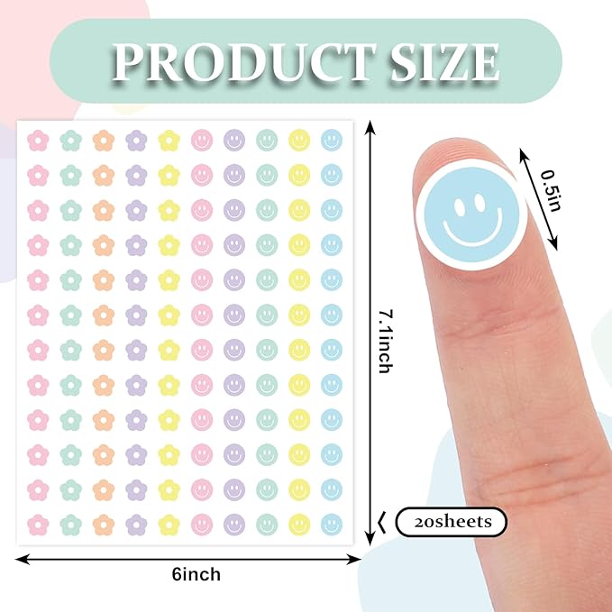 JarThenaAMCS 2400Pcs Mini Flower and Smile Face Sticker Pastel Floral Paper Decal Preppy Self-Adhesive Sticker for Planner Reward Envelope Scrapbook DIY Supplies, 0.5 in