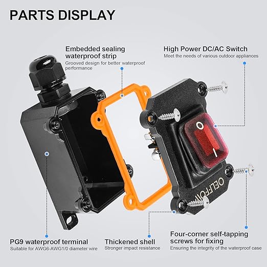 Waterproof On Off Toggle Switch with Red Light Rocker Button Inline Cord Switch DPST AC/DC 20A-125V,16A-250V,30A-24V,35A-12V, IP66