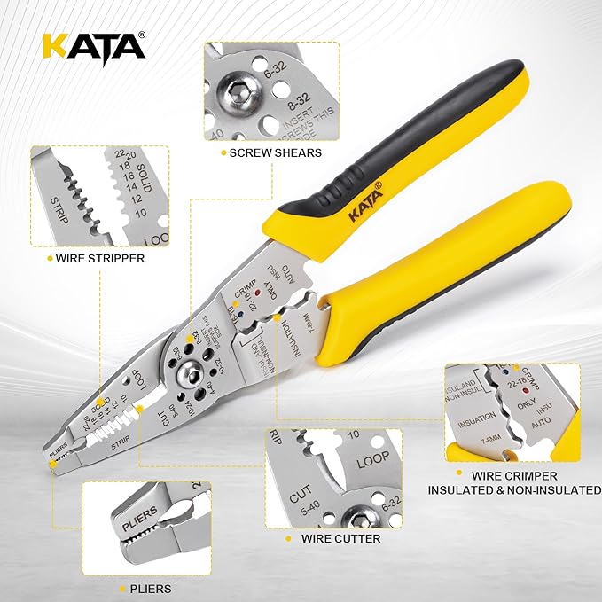 KATA 8-Inch Wire Stripper Tool - Professional Wire Stripping, Cutting & Crimping Pliers for 10-22 AWG Solid & Stranded Wire - Heavy Duty Electrician Hand Tool with Non-Slip Grip