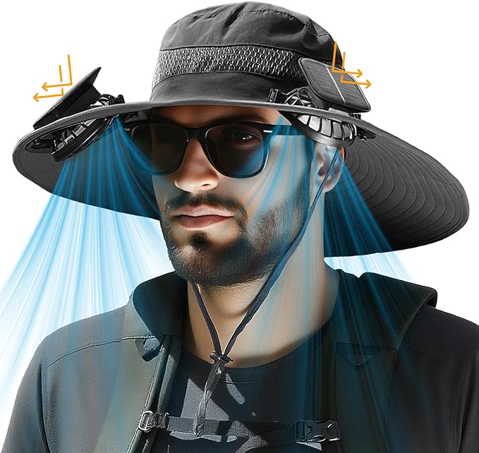Wide Brim Solar Fan Outdoor Fishing Hat, 2 Solar Fan Hats for Men, Hat with Solar Fans Built in, Fishing Hat with Fan for Men