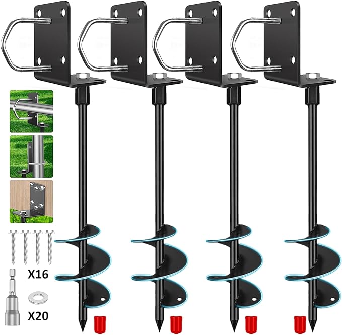 Multi-Purpose Trampoline Stakes, 4-Piece Set Mobile Home Anchors, 17'' Spiral Ground Anchors, Ground Anchors Heavy Duty-Strong Wind and Firm, Earth Anchors for Sheds, Playgrounds, Swings