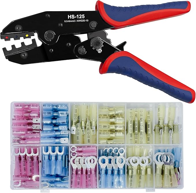Crimping Tool Kit - 180pcs Heat Shrink Connectors-Tinned Red Copper Insulated, Ideal for Home Electrical Repairs and Marine Wiring - AWG20-10, Waterproof Wire Connectors