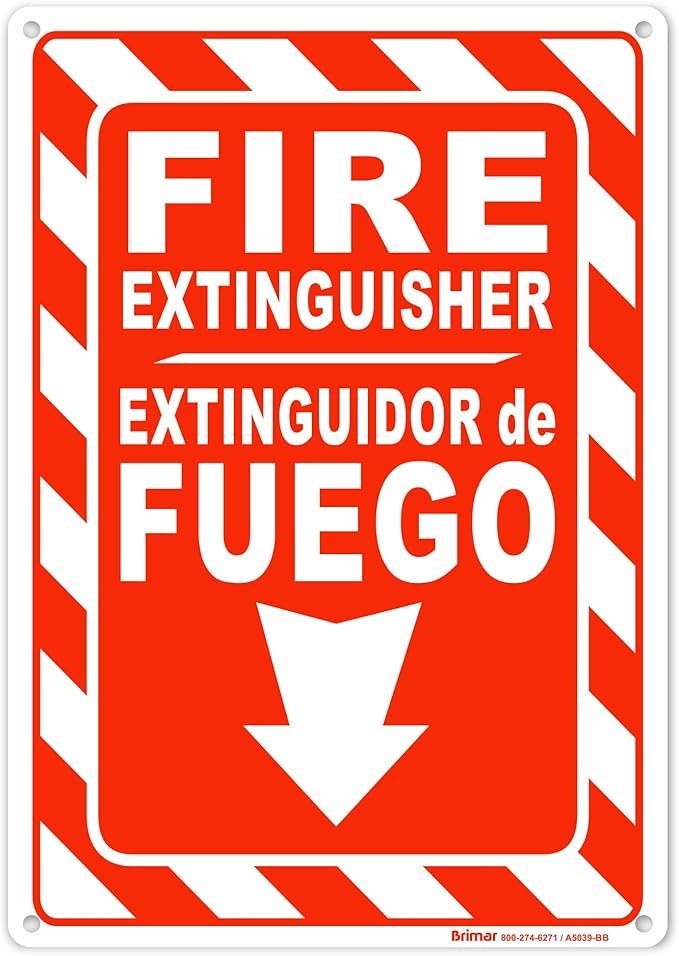 Brimar - 7 x 10" - Bilingual Fire Extinguisher Sign - Polyethylene Plastic - Bold Text And Symbol - Easy Installation
