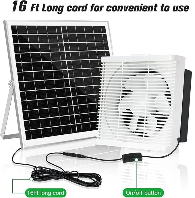 Solar Powered Exhaust Fan, 25W Solar Panel +10" Shutter Ventilation Vent Fan for Outside Greenhouse, Chicken Coop, Shed, Pet House