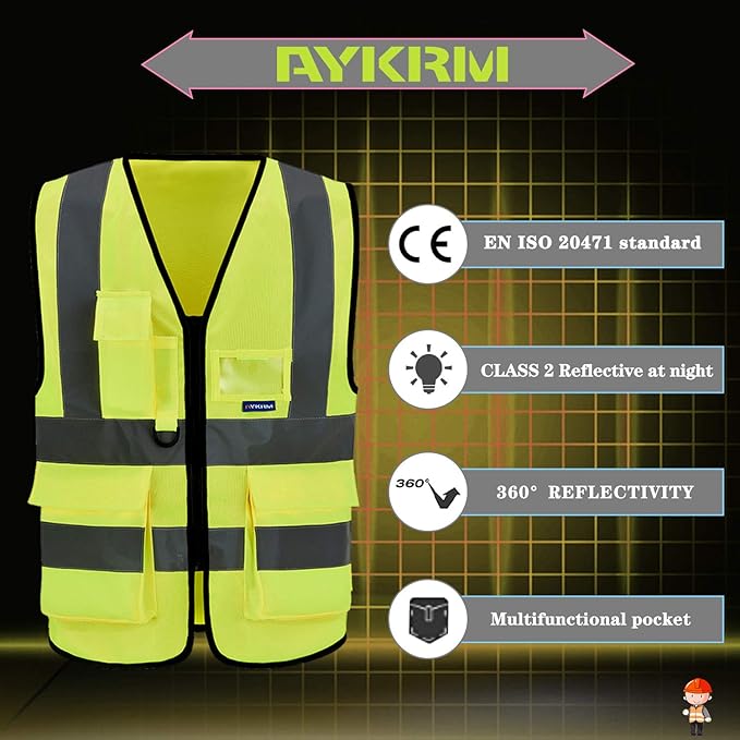 Reflective Security Safety Vests Heavy Duty with 7 Pockets and Front Zipper
