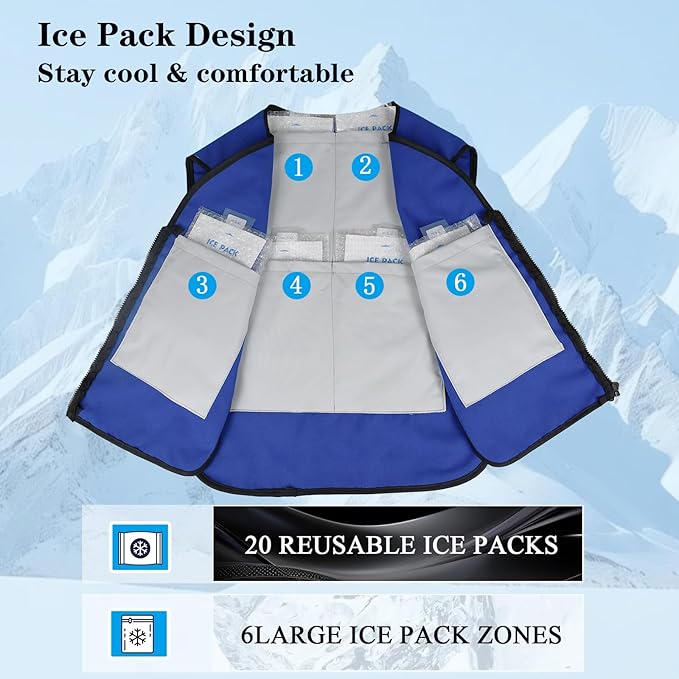 Cooling Vest for Men&Women,Reflective Ice Vest with 20 PCS Reusable Ice Packs,Adjustable Cool Jacket for Mascots,Working,Fishing,Cycling,Running,Cooking,Motorcycle in the Heat ﻿