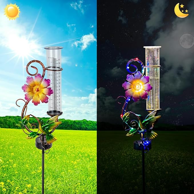 Hummingbird Rain Gauge Outdoor, Solar Rain Gauge, Metal Rain Measure Gauge with 7 Inch Tube, Decorative Color Lights Rainfall Measurement for Yard
