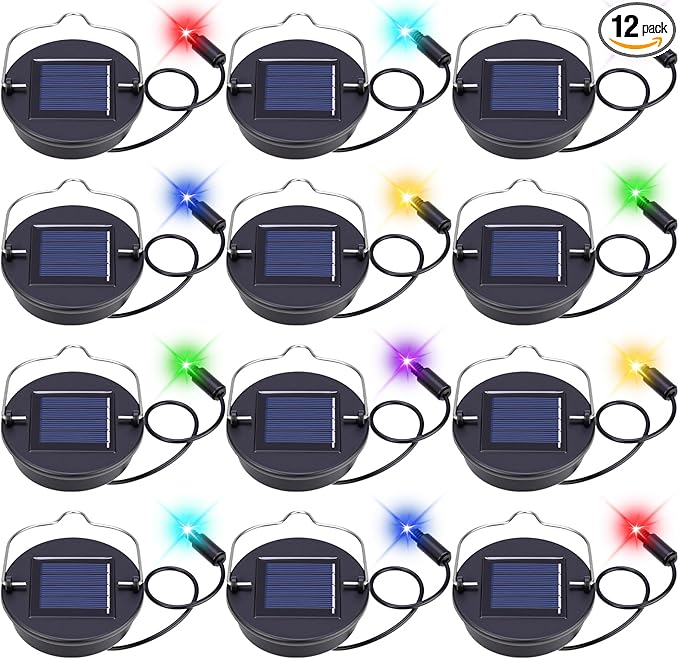 Kingdder 12 Pack Solar Light Replacement Top, 3 Inch Solar Lantern Replacement Lid with 600mah Rechargeable Battery, Waterproof Hanging Lamp Parts for Outdoor Patio Garden (Colorful Lights)
