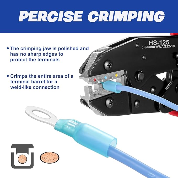 Crimping Tool for AWG 22-10 Heat Shrink Connectors, Ratcheting Wire Crimper Tool with Color-Coded Jaws, Professional Wire Crimping Tool for Electrical Connectors and Terminals