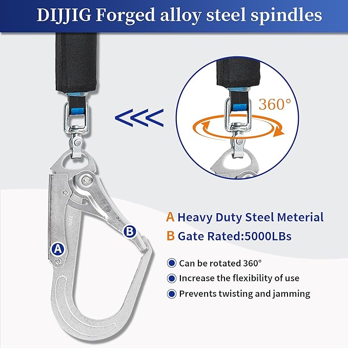6FT Fall Protection Retractable Lanyard, Self Retracting Lifeline Construction Lanyard Fall Arrest Safety Roofing Heavy Duty Leading Positioning (Large Hook)