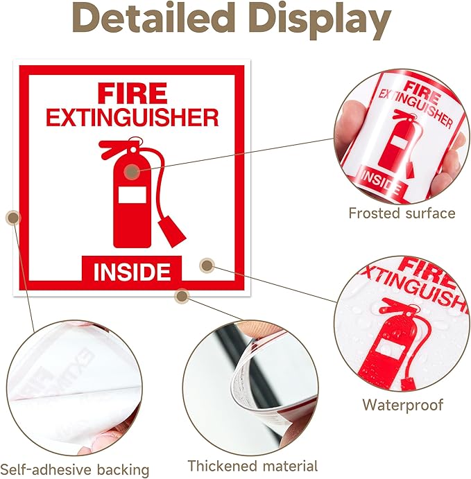 6 PCS Fire Extinguisher Sign Stickers,Self Adhesive Waterproof Vinyl Fire Extinguisher Inside Sticker for Box, Suitable for Cars,Trucks,Vehicles,Red on White