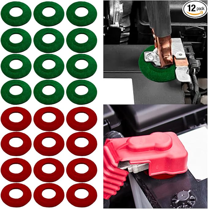 12PCS Battery Terminal Washer Pad, Anti Corrosion Washers, Fiber Washers Battery Top & Side Terminal Protector (12Pair Redgreen)