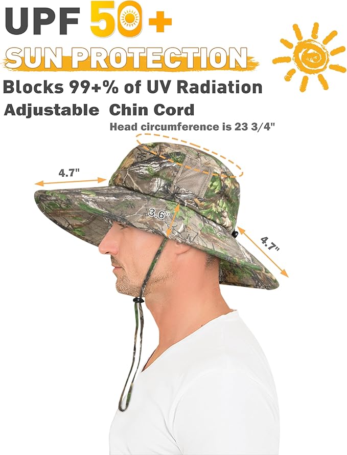 Men Safari Sun Hat Wide Brim Boonie Fishing Cap with Adjustable Drawstring