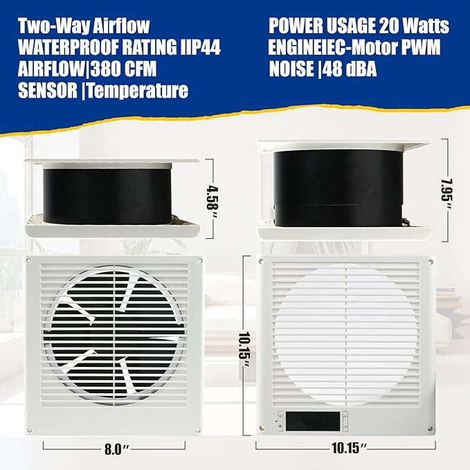 Room to Room Fan 8" Air Vent Fan, 10-Speed Quiet Airflow Through-the-Wall Fans, 380CFM, EC Motor In-Wall with Temperature and Timer Setting for for Laundry, Kitchen and Workshop