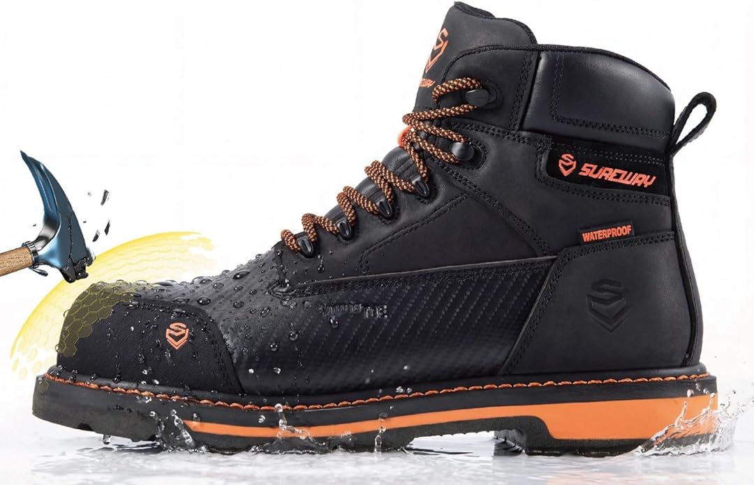 SUREWAY Men's 6" Waterproof Soft/Composite Toe Work Boots - Crazy Horse Leather Safety Shoes,GoodyearWelt Slip Resistant EH Rated Heavy Duty Construction Boots for Industrial, Roofing, Landscaping