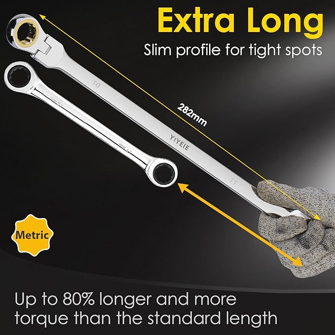 10 * 11 mm Extra Long Flex-Head Ratcheting Wrench, Metric, 72-Tooth Double Box End Long Handle Ratchet Wrench, CR-V Steel with Mirror Finish Labor-Saving Spanner