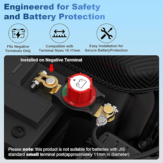 Top Post Battery Disconnect Switch, Car Battery Disconnect Switch, 3rd Gen Battery Kill Switch for Car Truck Boat RV, Heavy Duty, 12V/300A, Negative On/Off