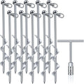 Hiboom 4 Pcs Ground Anchors with T Handle Hex Wrench Trampoline Hook, Ground Anchor Screw in Kit, Inflatable Outdoor Decorations Accessories for Camping Tents Car Ports Canopies (Silver,12 Inch)