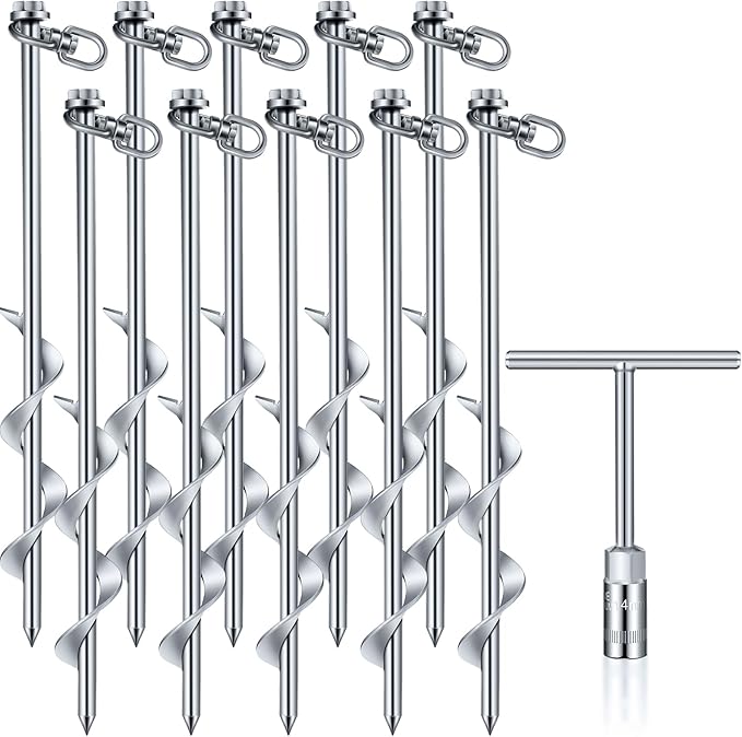 Hiboom 4 Pcs Ground Anchors with T Handle Hex Wrench Trampoline Hook, Ground Anchor Screw in Kit, Inflatable Outdoor Decorations Accessories for Camping Tents Car Ports Canopies (Silver,12 Inch)