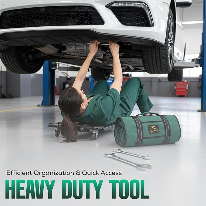 Roll Up Tool Bag Organizer – Heavy Duty Canvas Tool Roll Bag, Tool Roll Up with 5 Oversized Labeled Pockets & Carabiners, Portable Roll Up Tool Organizer for Mechanic, Truck & Car (Green)