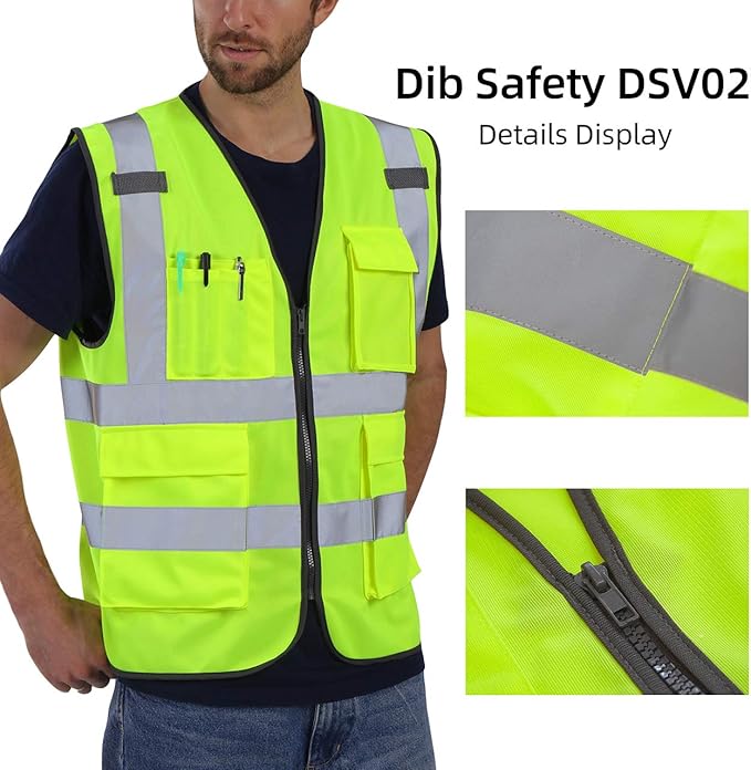 Dib Safety Reflective Vest ANSI Class 2, High Visibility Vest with Pockets and Zipper, Construction Work, Hi Vis