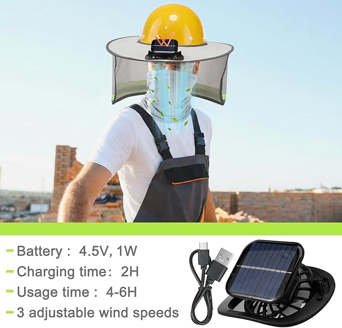 1 Set Sun Hard Hat with Solar Fan Shade Full Brim Hard Hat and Neck Sunshade Cover High Visibility Full Brim Mesh with Reflective Strip for Outdoor Summer Protection