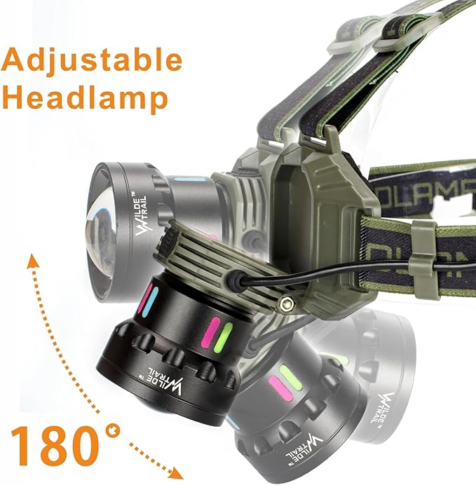 Rechargeable LED Headlamp, 2000LM Super Bright Head Lamp with Zoomable Lens, Tactical Hard Hat Light with Rear Safety Light, Waterproof for Camping, Running