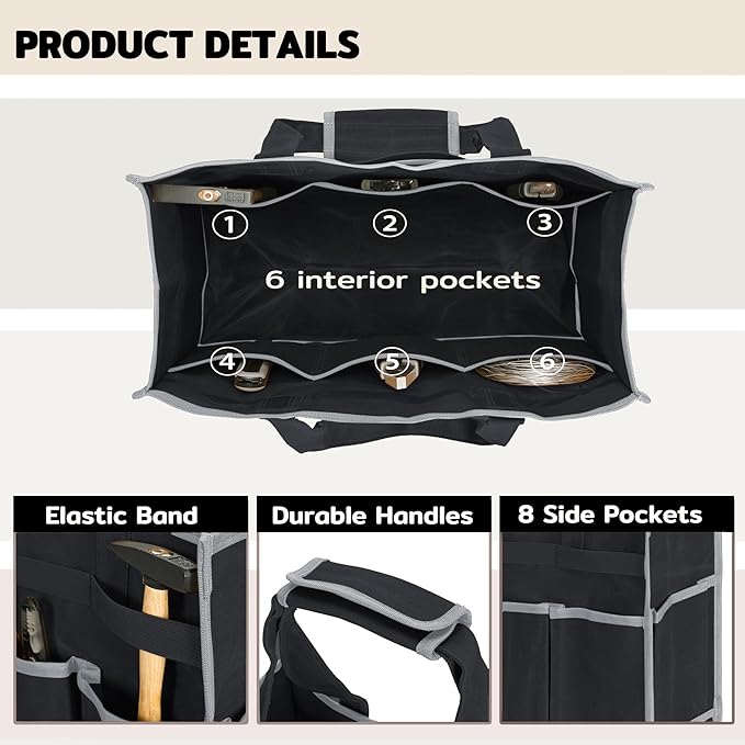 Tool Bag,Tool Pouch with 6 Pockets,Heavy Duty Waxed Canvas Garden Tool Bag Tool Case,16.5 x 7 x 12 Inch & Black
