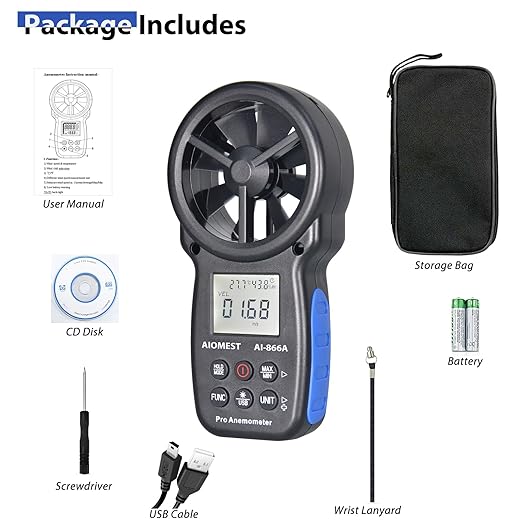 HVAC CFM Anemometer, AIOMEST Handheld Air Flow Meter Measuring Wind Speed/Airflow Velocity, Test Air Volume,Temperature, Humidity, Digital CFM Tester AI-866A with Real-Time USB Sync to PC