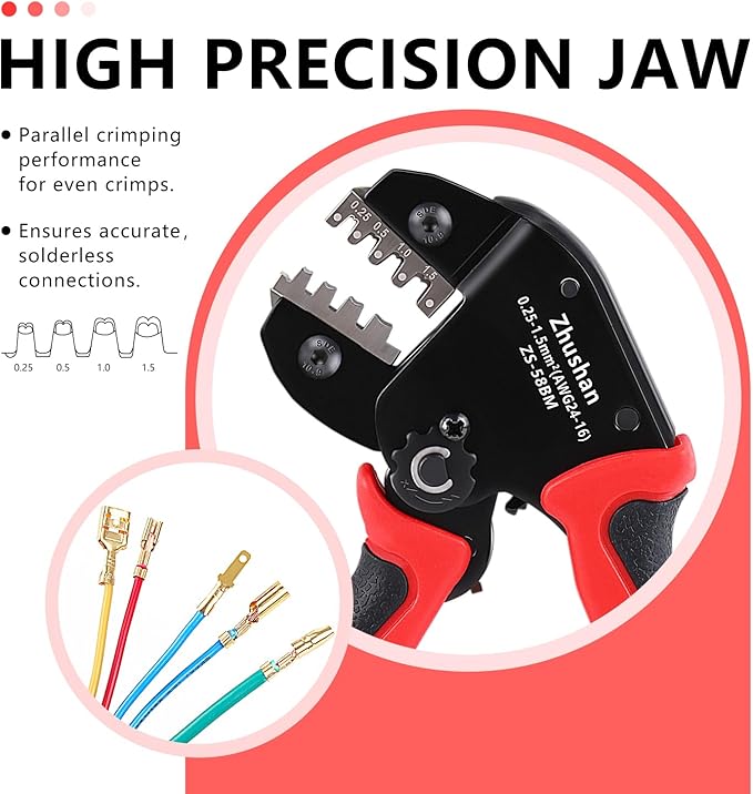 Zhushan ZS-58BM JST Crimper for Open Barrel Terminals - Labor-Saving Tool AWG24-16 (0.25-1.5mm²) - Compatible with Dupont SATA Pins, Molex, JST Terminals