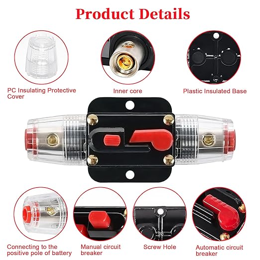 30 Amp Circuit Breaker Manual Reset Inline Fuse, 12V-48V DC for car Audio Marine Boat Trolling Motor Solar System Protection