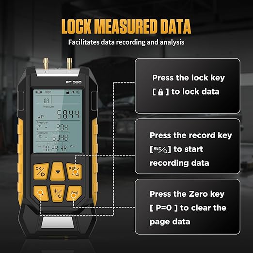 PT530 Manometer Gas Pressure Tester,HVAC Dual-Port High-Pressure Manometer Range of -100 to 300 KPa, 10 Units, Data Lock & Storage with Magnetic Back, Backlit Display,7 Adapters.
