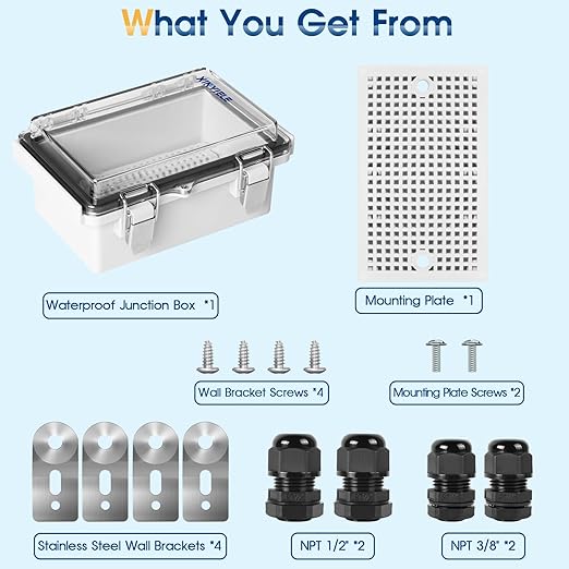 Waterproof Outdoor Project ABS Plastic Junction Box IP67 Weatherproof Dustproof Enclosure with Hinged Cover, Mounting Plate,Wall Brackets for Power Project (Clear,5.9"x3.9"x2.8")