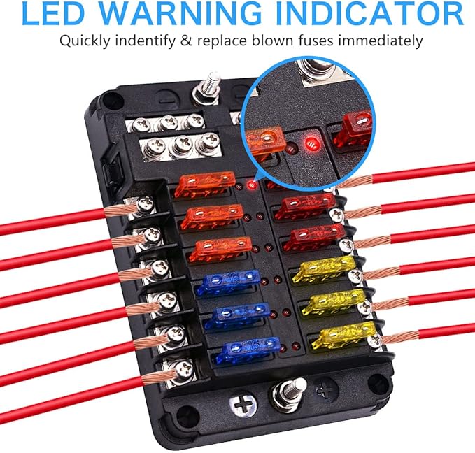 12 Way 12V Fuse Box 12Volt Blade Fuse Block, 12 Circuit W/Negative Bus Waterproof Fuse Box with LED Indicator for 12V/24V Automotive Golf Cart Truck Car Boat Marine RV Van Vehicle