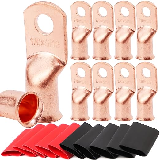 TKDMR 10pcs 1/0 AWG-5/16 Battery Lugs,Heavy Duty Wire Lugs,Ring Terminals,Battery Cable Ends,0 Guage terminals,Battery Terminal Connectors with 10pcs 3:1 Heat Shrink Tubing