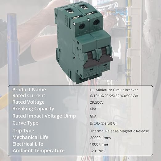 32A DC Circuit Breaker | 500V 2-Pole Solar Disconnect Switch | DIN Rail Mount for Solar Panels, PV Systems, Off-Grid & Battery Protection | Short Circuit Protection