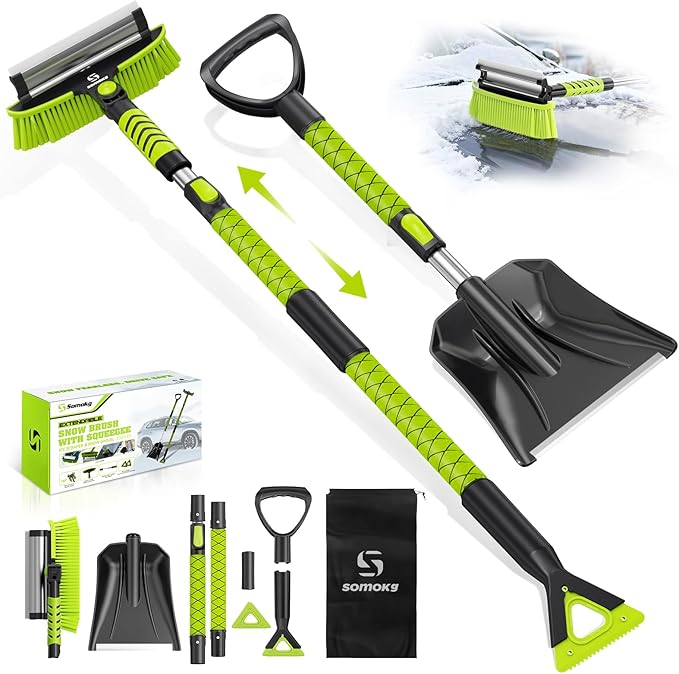 Upgraded 60'' Snow Brush & Snow Shovel with 2 Ice Scrapers, Extendable Snow Brush for Car Windshield with Squeegee, 4-in-1 Detachable Winter Snow Remover for Cars, SUVs, Trucks
