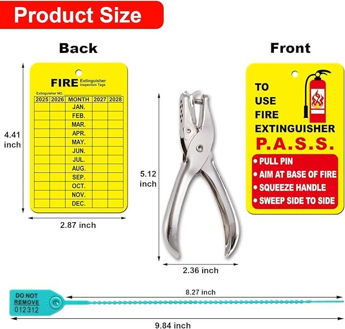 30 Sets Fire Extinguisher Tags Monthly Inspection Tear-Resistant Numbered Plastic Tamper-Evident Cable Ties Easy to Punch Includes Handheld Hole Puncher