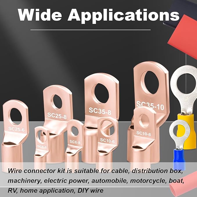 Taiss 110PCS Copper Wire Lugs,battery lugs AWG 2/4/6/8/10/12/14/16 Gauge Copper lugs Assortment,Battery Cable Ends Copper Ring Terminals Connectors with Heat Shrink
