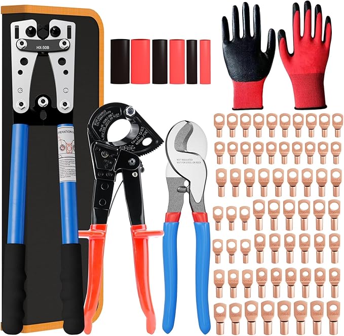 Battery Cable Lug Crimping Tool for AWG 10-1/0 Electrical Lug, with 2pcs Cable Cutter 64pcs Ring Terminals and 70pcs Heat Shrink Tubing