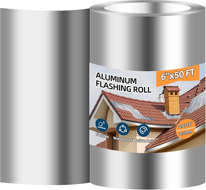 Aluminum Roll Flashing, 6'' x 50' Metal Roofing Roll for Roof and Garden, Prevents Roofing Stains, 0.019-inch/0.3 mm Thickness (26GA) Roof Strip for Moss and Mildew Prevention