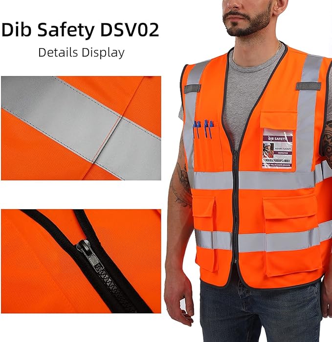 Dib Safety Reflective Vest ANSI Class 2, High Visibility Vest with Pockets and Zipper, Construction Work, Hi Vis