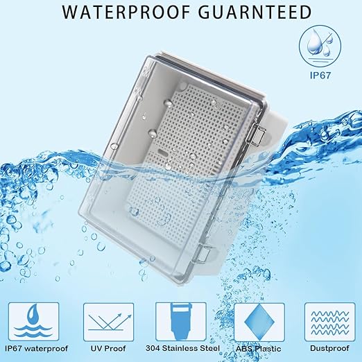 Zulkit Junction Box IP67 Waterproof Electrical Box Hinged Clear Cover Stainless Steel Latch Plastic Enclosure for Project w Mounting Plate Wall Bracket and 2 Cable Gland 8.7"x6.7"x4.3"/220x170x110mm