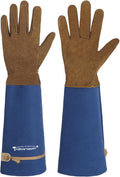 HANDLANDY Long Gardening Gloves for Men & Women, Pigskin Leather Rose Pruning Gloves, Breathable Thorn Proof Gauntlet Glove (Blue, L)
