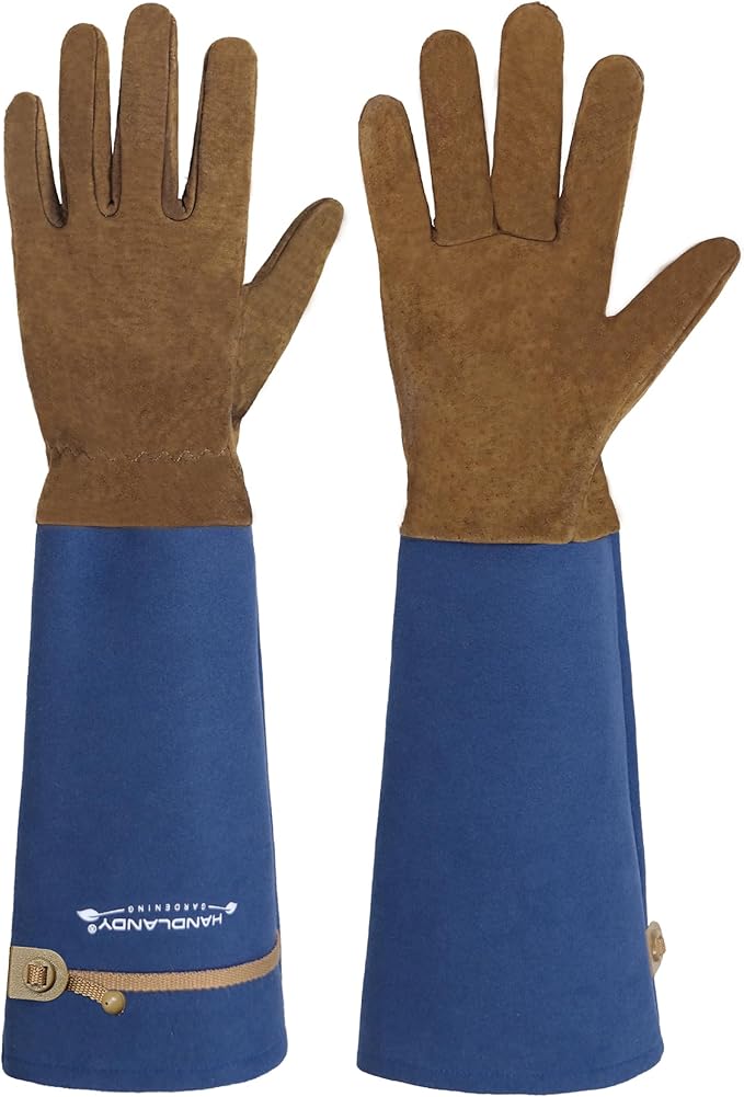 HANDLANDY Long Gardening Gloves for Men & Women, Pigskin Leather Rose Pruning Gloves, Breathable Thorn Proof Gauntlet Glove (Blue, S)